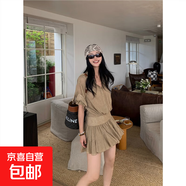 襯衫連衣裙2025夏季新款假兩件拼接短袖襯衫百褶短裙 雪花卡其 S