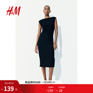 H&M女裝背心吊帶連衣裙2025夏季通勤修身一字肩垂褶緊身裙1283258 黑色 XS 155/80