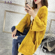美安嘉cec針織開(kāi)衫女寬松韓版鏤空大毛衣外套春秋很仙的上衣慵懶風(fēng) 黃色 S