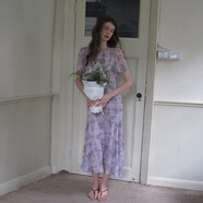 竹依依法式復古浪漫紫色喬其雪紡印花格子短袖收腰連衣裙女長(cháng)裙子 紫粉色 S