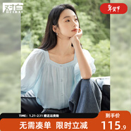 對白法式方領(lǐng)短袖襯衫女夏季2025新款雪紡衫優(yōu)雅減齡泡泡袖薄上衣 晴空藍 M