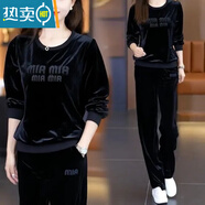 夏典素訂女王（SE.PSTP）金絲絨休閑套裝女2025秋季新款時(shí)尚洋氣質(zhì)顯瘦高端跑步運動(dòng)兩件套 黑色 XL 建議110-120斤
