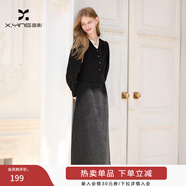 香影法式v領(lǐng)連衣裙女2025冬季新款泡泡袖絨感蕾絲拼接小香風(fēng)裙子 黑色 L 165/88A/110-125斤