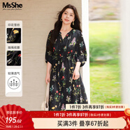 MsShe大碼女裝2026新款春裝胖mm印花雪紡高端顯瘦媽媽碎花連衣裙 黑色現貨 5XL