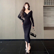 漢卿中夏2025新款御姐風(fēng)V領(lǐng)包臀連衣裙 粉紅長(cháng)袖針織裙 秋季日系甜美洋裝 黑色 (今年流行/御姐輕熟名媛風(fēng)情萬(wàn)種 S (40) 45kg