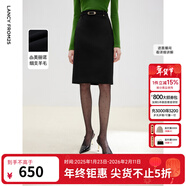 朗姿純羊毛法式高級感黑色半裙2025年秋季新款復古直筒顯瘦半身裙 黑色 S