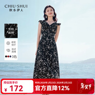 秋水伊人優(yōu)雅氣質(zhì)V領(lǐng)圣誕碎花裙女溫柔百搭荷葉邊袖連衣裙 黑色 XL