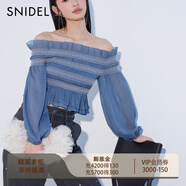 SNIDEL春夏甜美一字領(lǐng)露肩褶皺泡泡袖襯衫上衣SWFB241304 牛仔藍 均碼 （F）