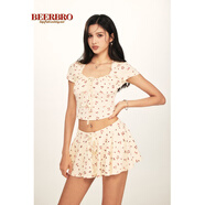 ADTNM美式覆古蝴蝶結櫻桃碎花針織短袖T恤女松緊腰半身裙套裝 淺杏色 短袖 現貨 S