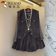 啄木鳥(niǎo)加肥圓領(lǐng)馬甲半高領(lǐng)長(cháng)袖打底衫腰帶百褶短裙大碼女裝復古風(fēng)三件套 灰色 三件套 6XL 建議190-220斤