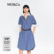 MO&Co.【C+系列】襯衫裙夏立領(lǐng)條紋MBE2DRS064附腰帶航海系 藍白條色 XS /155