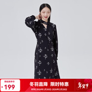 艾萊依（ERAL）商場(chǎng)同款新款系帶蝴蝶結法式氣質(zhì)連衣裙時(shí)尚百搭顯瘦長(cháng)裙子 黑底色花 L 170/92A