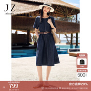 玖姿·安娜蔻【明星同款】慵懶松弛感萊賽爾亞麻牛仔收腰連衣裙女2025夏季新款 丈青 M