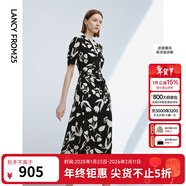 朗姿法式設計感圍裹式顯瘦度假連衣裙夏季新款氣質(zhì)印花裙子 黑色 M