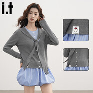 :CHOCOOLATE  it女裝2026春黑色假兩件撞色針織開(kāi)衫女V領(lǐng)紐扣羊毛衫百搭上衣 中灰色 【官方正品】 均碼