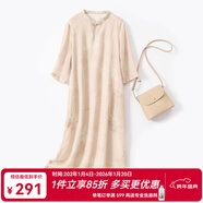 金菊100%苧麻2025年夏季新中式國風(fēng)竹葉印花盤(pán)扣復古文藝風(fēng)女式連衣裙 粉色 M