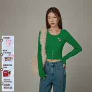 CHUU字母刺繡針織衫女2025秋季新品撞色套頭打底彩虹扣長(cháng)袖毛衣 森綠 均碼