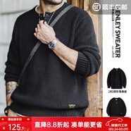 馬登工裝美式復古豎條紋亨利領(lǐng)毛衣寬松加厚黑色打底針織衫男秋冬 黑色 -3扣版 【毛衣男高級感/毛線(xiàn)衣/針織外套男】 L 【寬松版型,可拍小一碼】