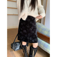 小紅書(shū)爆款秋冬加厚加絨半身裙胖mm高腰絲絨a字裙中裙印花開(kāi)叉包臀短裙 黑色 S