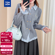唐獅（TonLion）2025秋冬梭織拼接翻領(lǐng)雙排扣假兩件女士開(kāi)衫毛衣
