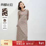 尚都比拉簡(jiǎn)約休閑撞色螺紋圓領(lǐng)金屬裝飾正肩條紋微收腰T恤連衣裙 咖色條紋 M