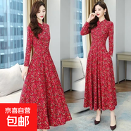 長(cháng)袖連衣裙大擺長(cháng)裙紅色中老年媽媽裙子收腰遮肚子氣質(zhì)2026新款 紅色 2XL 建議130-145斤
