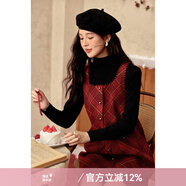 謎秀新年紅色格紋連衣裙女2025冬新年鴻運穿搭撞色方領(lǐng)格子毛呢背心裙 復古紅格 背心連衣裙 S