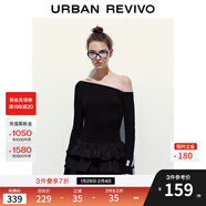 UR2026春季新款女裝潮流斜肩拼接蛋糕修身連衣裙UYV750092 正黑 (偏短) 2XL