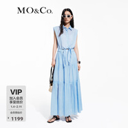 MO&Co.連衣裙高腰綁帶苧麻棉翻領(lǐng)立體寬肩襯衫長(cháng)裙藍白條紋航海系 藍白條色 XS 155