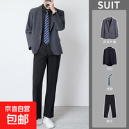 秋季商務(wù)正裝黑色西服套裝男輕熟風(fēng)墊肩休閑高級感職業(yè)西裝外套男 深灰西服+黑襯衫+LD07領(lǐng)帶+西褲 S