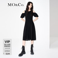 MO&Co.露肩露背系帶泡泡袖連衣裙法式氣質(zhì)小眾休閑裙子 黑色 S 160