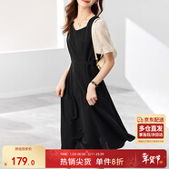尚都比拉法式連衣裙夏季中長(cháng)款a字裙泡泡袖系帶收腰顯瘦裙子 黑色 L 