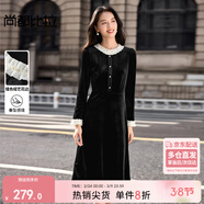 尚都比拉撞色花邊絲絨連衣裙女冬季優(yōu)雅圓領(lǐng)長(cháng)袖A字裙藏肉顯瘦氣質(zhì)中長(cháng)裙