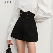 美安嘉春秋款英倫風(fēng)超高腰闊腿褲顯瘦收腰西裝短褲OL經(jīng)典黑色打底休閑褲 黑色毛呢面料 2XL