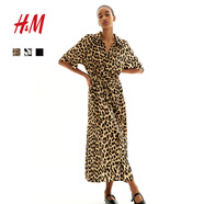 H&M2025年夏季新款女裝時(shí)尚休閑腰部系帶襯衫式連衣裙1217576 米色/豹紋 XS 155/80