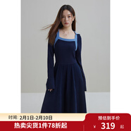 獨束大碼女裝法式復古撞色針織拼接連衣裙女彈力修身打底裙高腰長(cháng)裙 深藏青 3XL
