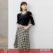 顏域荷葉邊七分袖針織衫女裝2024早春黑色顯瘦氣質(zhì)飛飛袖圓領(lǐng)上衣 黑色 S/36