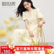 熙世界（sllsky）清新文藝繡花V領(lǐng)連衣裙收腰顯瘦法式茶歇裙2025秋裝新款女裝 椰子奶油杏 S