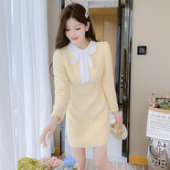 燕潯2022秋冬新款小香風(fēng)毛呢裙子女裝氣質(zhì)打底冬裙連衣裙女 黃色 L (建議110-125斤)