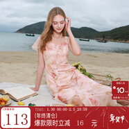 三彩2025夏季新款木耳邊荷葉袖蝴蝶印花雪紡連衣裙大擺長(cháng)裙M 淺粉色花卉 XL 170/92A