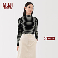 MUJI女式 起毛羅紋編織半高領(lǐng)長(cháng)袖T恤上衣打底衫女款內搭春秋女裝條紋 黑色條紋 M （160/84A）