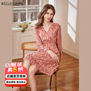 Olrain【5折】碎花雪紡連衣裙長(cháng)袖薄款春裝法式高級感氣質(zhì)裙子 橘粉色 M