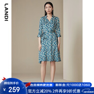 藍地新款孔雀藍印花七分袖碎花連衣裙女高腰a字中長(cháng)裙春夏 孔雀藍 S