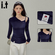 :CHOCOOLATE  it女裝韓系設計感斜肩露肩針織衫女2026春季修身顯瘦打底長(cháng)衫 藏藍色 【官方正品】 S