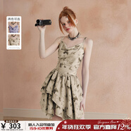 UNIFREE【明星同款】黃色吊帶連衣裙蝴蝶印花不規則設計感辣妹裙 卡其色連衣裙 XL