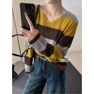 （1.17更新）特價(jià)清倉2026秋冬裝新款長(cháng)袖換季活動(dòng)針織毛衣女裝 V領(lǐng)寬條紋薄款黃色 均碼 （90-140斤