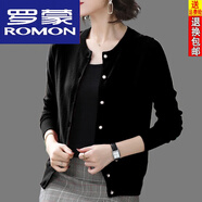 羅蒙（ROMON）25早春秋新款羊毛開(kāi)衫女短款外搭針織衫寬松外穿氣質(zhì)媽媽毛衣外套 黑色 【不易起球】 S 95斤以下