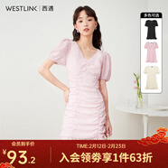西遇V領(lǐng)泡泡袖連衣裙女2025年早夏新款法式褶皺收腰修身包臀裙子 粉色 XL
