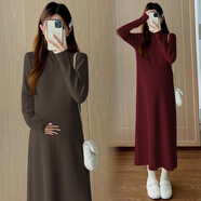 南叮雅格孕婦裝秋冬新款毛衣中長(cháng)款過(guò)膝針織打底裙哺乳裙子秋冬裝 酒紅色 L