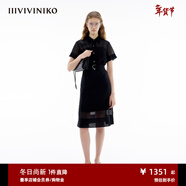 IIIVIVINIKO2024夏季新款“全棉歐根紗”復古系帶襯衫式連衣裙女 黑色 S